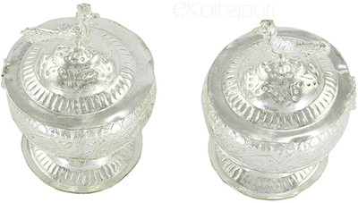 

eKolhapuri ekolhapuri Silver Plated Two Separate Haldi-Kunku karand/Kankavati/Kumkum Pooja Thali Set Silver Plated(1 Pieces, Silver)