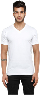 Bongio Solid Men V-neck White T-Shirt