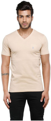 Bongio Solid Men V-neck Beige T-Shirt