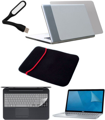 FineArts 5in1 Combo of Premium Quality Trink Crystal Clear Stretchable Transparent Skin for Laptop with Usb led Light, Screen Protector Guard, Key Skin and Laptop Sleeve for 15.6 inches Combo Set