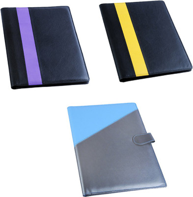 

COI leatherite blue/silver black/yellow and black/purple file folder and resume folder for documents and certificate for office executive folder and interview document file and folders for students with Free writing pad and pen ( set of 3 )(Set Of 3, blue