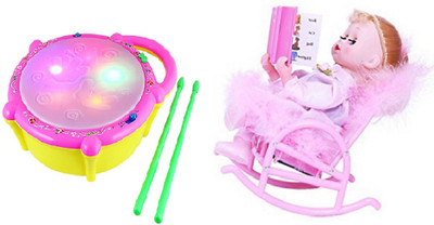

MN OVERSEAS Musical Flash Drum with Chair Doll for kids(Pink)