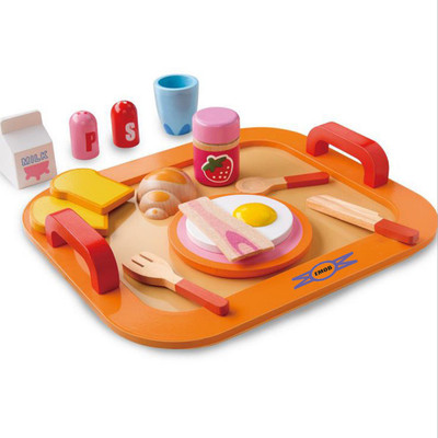 

Emob 16 Pcs Colorful Wooden Breakfast Play Set with Toast, Eggs, Milk, Tray & More! Wood Play & Pretend Food Breakfast Set for kids