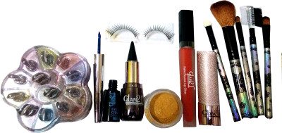 

Glam 21 1Kajal, 1Eyeliner, 1Lipgloss, 1Lipstick, 1Brush set, 1Eye Lashes, 1Gold Eye shimmer, 1Eye shimmer(Set of 10)
