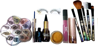 

Glam 21 1Kajal, 1Eyeliner, 1Lipgloss, 1Lipstick, 1Brush set, 1Eye Lashes, 1Gold Eye shimmer, 1Eye shimmer(Set of 8)