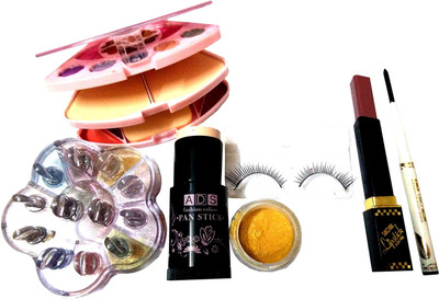 

ADS 1Makeup kit, 1eye shimmer Multicolour, 1Pen stick, 1Matte Lipstick, 1Eyeliner Pencil, 1Gold Eye shimmer, 1Eye lashes(Set of 7)