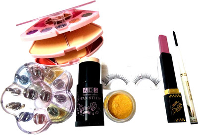 

ADS 1Makeup kit, 1eye shimmer Multicolour, 1Pen stick, 1Matte Lipstick, 1Eyeliner Pencil, 1Gold Eye shimmer, 1Eye lashes(Set of 7)