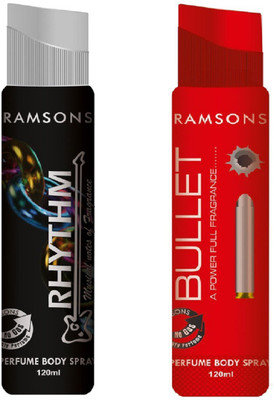 

Ramsons Rhythm Black and Bullet No Gas Perfume Body Spray Combo Pack of 2 Perfume Body Spray - For Men & Women(240 ml, Pack of 2)