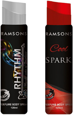 

Ramsons Rhythm Black and Cool Spark No Gas Perfume Body Spray Combo Pack of 2 Perfume Body Spray - For Men & Women(240 ml, Pack of 2)
