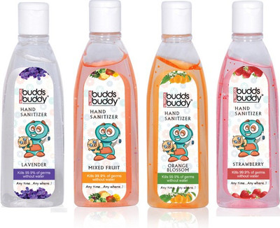 

Buddsbuddy Combo of 4 Multi Flavour (Lavender,Mixed Fruit,Orange Blossom,Strawberry) Hand sanitizers(100 ml, Bottle, Pack of 4)
