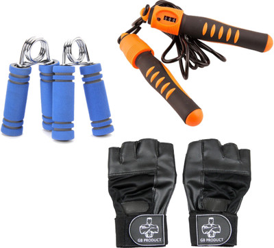 

GB Combo Of Skipping Rope, Form Gripper & Top Grade Glove Gym & Fitness Kit