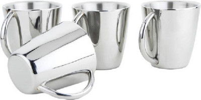 

Sayee Glossy round double wall coffee mug Stainless Steel Mug(150 ml, Pack of 4), Silver