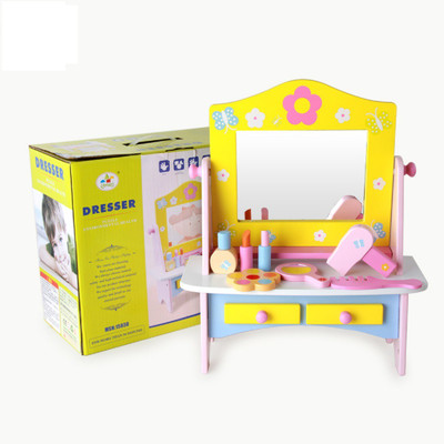 

Emob Wooden Dresser Table with Mirror & 7 Colorful Wooden Accessories Pretend Play Toy For kids