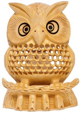 

Dkrafts wooden owl in Jaali work handmade by dkrafts Decorative Showpiece - 10 cm(Wooden, Beige)