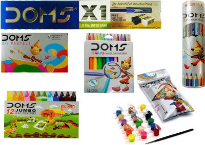 

DOMS COMBO PACK OF 10 X1 PENCIL + TEMPERA COLOUR (18 SHADES) +AQUA WATER COLOUR PENS(12 SHADES ) +COLOUR PENCILS(12 SHADES ) +JUMBO WAX CRAYONS (12 SHADES)+ OIL PASTELS (12 SHADES ) DRAWING SET