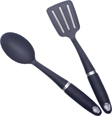 LifeKrafts Non Stick Turner and Spoon, Nylon Based. Cookware Set(PTFE (Non-stick), 2 - Piece), Black