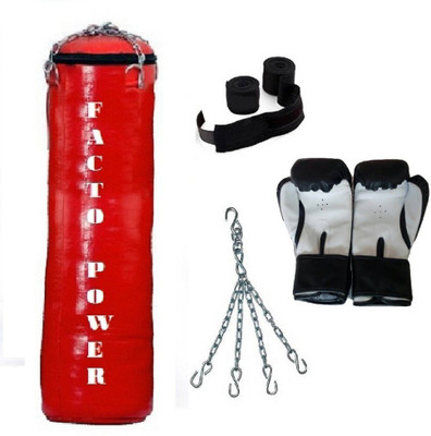 

FACTO POWER 7.5 Feet Long, SRF - HEAVY Material, RED Color, Unfilled with Hanging Chain with 9 Feet Long Black Color Hand Wraps Pair & Boxing Gloves Pair Boxing Kit