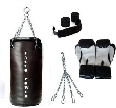 

FACTO POWER 5.0 Feet Long, SRF - STANDARD Material, Black Color, Unfilled with Hanging Chain with 9 Feet Long Black Color Hand Wraps Pair & Boxing Gloves Pair Boxing Kit