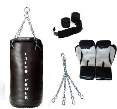 

FACTO POWER 1.5 Feet Long, SRF - STANDARD Material, Black Color, Unfilled with Hanging Chain with 9 Feet Long Black Color Hand Wraps Pair & Boxing Gloves Pair Boxing Kit