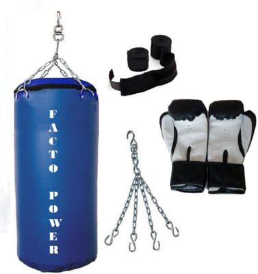

FACTO POWER 2.5 Feet Long, SRF - STANDARD Material, BLUE Color, Unfilled with Hanging Chain with 9 Feet Long BLACK Color Hand Wraps Pair & Boxing Gloves Pair Boxing Kit