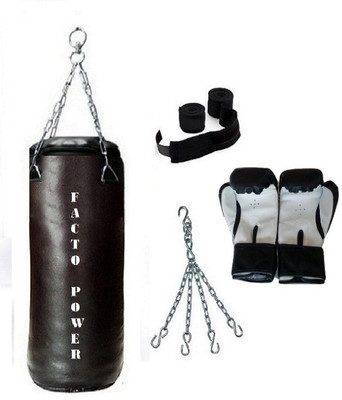 

FACTO POWER 5.5 Feet Long, SRF - STANDARD Material, Black Color, Unfilled with Hanging Chain with 9 Feet Long Black Color Hand Wraps Pair & Boxing Gloves Pair Boxing Kit