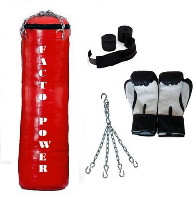 

FACTO POWER 6.5 Feet Long, SRF - HEAVY Material, RED Color, Unfilled with Hanging Chain with 9 Feet Long Black Color Hand Wraps Pair & Boxing Gloves Pair Boxing Kit