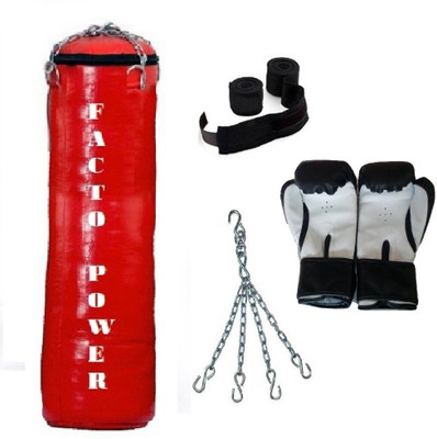 

FACTO POWER 8.0 Feet Long, SRF - HEAVY Material, RED Color, Unfilled with Hanging Chain with 9 Feet Long Black Color Hand Wraps Pair & Boxing Gloves Pair Boxing Kit