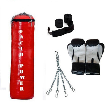 

FACTO POWER 3.5 Feet Long, SRF - HEAVY Material, RED Color, Unfilled with Hanging Chain with 9 Feet Long Black Color Hand Wraps Pair & Boxing Gloves Pair Boxing Kit