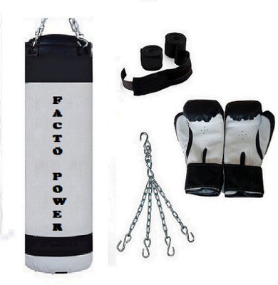 

FACTO POWER 5.5 Feet Long, P.U Material, WHITE and BLACK Color, Unfilled with Hanging Chain with 9 Feet Long Black Color Hand Wraps Pair & Boxing Gloves Pair Boxing Kit