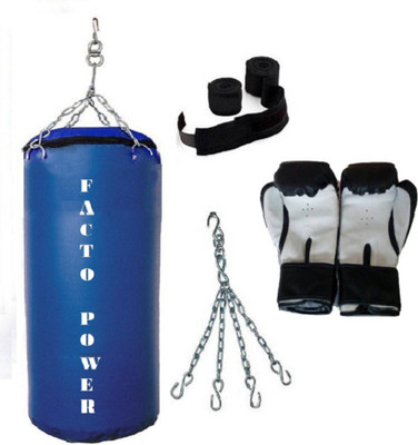 

FACTO POWER 4.0 Feet Long, SRF - STANDARD Material, BLUE Color, Unfilled with Hanging Chain with 9 Feet Long BLACK Color Hand Wraps Pair & Boxing Gloves Pair Boxing Kit