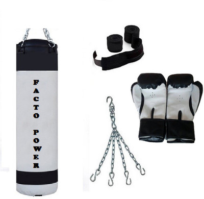 

FACTO POWER 4.0 Feet Long, P.U Material, WHITE and BLACK Color, Unfilled with Hanging Chain with 9 Feet Long Black Color Hand Wraps Pair & Boxing Gloves Pair Boxing Kit