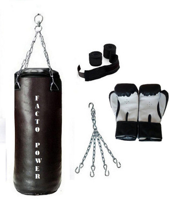 

FACTO POWER 6.0 Feet Long, SRF - STANDARD Material, Black Color, Unfilled with Hanging Chain with 9 Feet Long Black Color Hand Wraps Pair & Boxing Gloves Pair Boxing Kit