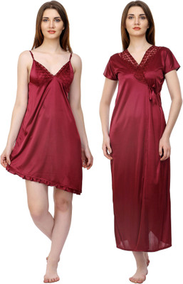 ROWENA Women Nighty with Robe(Maroon)