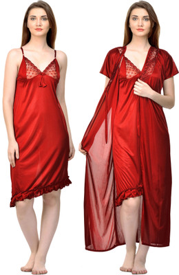 ROWENA Women Nighty with Robe(Maroon)