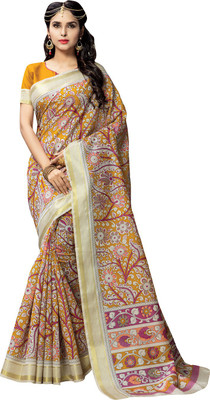 Ratnavati Printed, Geometric Print Kalamkari Art Silk Saree(Pink, Mustard)