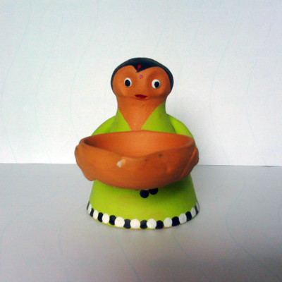 Terracotta Diya Terracotta Diya Decorative Showpiece - 10 cm(Terracotta, Green)