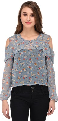 PURYS Casual Full Sleeve Floral Print Women Blue Top