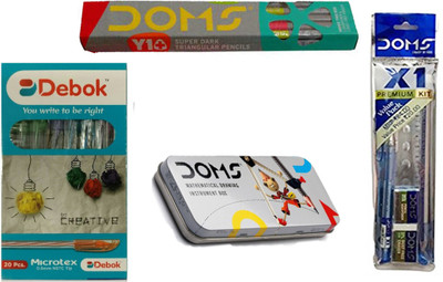 DOMS COMBO PACK OF -Y1+( 10 PENCILS )+X1 PREMIUM KIT + GEOMETRY BOX + DEBOK MICROTEX BALL PEN (20 PENS ) DRAWING SET available at flipkart for Rs.219