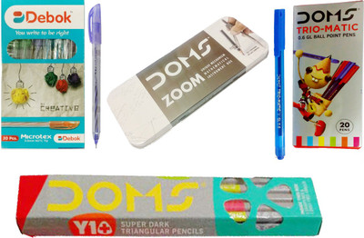 DOMS COMBO PACK OF-20 TRIO MATIC BALL PENS + 20 DEBOK MICROTEX BALL PENS + ZOOM GEOMETRY BOX + 10 Y1 + PENCIL DRAWING SET available at flipkart for Rs.339