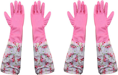 

HOKIPO Reusable PVC Flocklined Kitchen Gloves, Free Size, Elbow Length, 2 Pair Wet and Dry Glove Set(Large Pack of 2)
