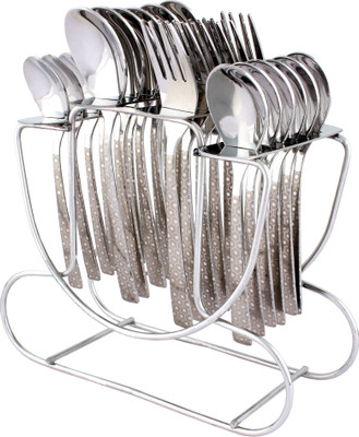 KOKO Alpha Laser 24 Pcs Cutlery Set With Stand [Content : 6 Pcs Dinner Spoon, 6 Pcs Dinner Fork, 6 Pcs Dinner Knife, 6 Pcs Tea Spoon And 1 Pcs Stand ] Stainless Steel Cutlery Set(Pack of 25)