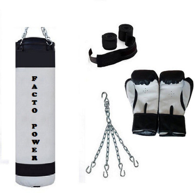 

FACTO POWER 2.5 Feet Long, P.U Material, WHITE and BLACK Color, Unfilled with Hanging Chain with 9 Feet Long Black Color Hand Wraps Pair & Boxing Gloves Pair Boxing Kit