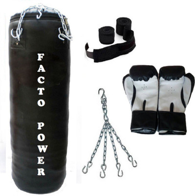 

Facto Power 2.5 Feet Long, P.U Material, BLACK Color, Unfilled with Hanging Chain with 9 Feet Long Black Color Hand Wraps Pair & Boxing Gloves Pair Boxing Kit