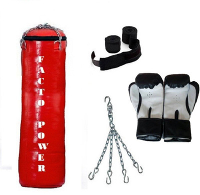 

FACTO POWER 2.5 Feet Long, SRF - HEAVY Material, RED Color, Unfilled with Hanging Chain with 9 Feet Long Black Color Hand Wraps Pair & Boxing Gloves Pair Boxing Kit