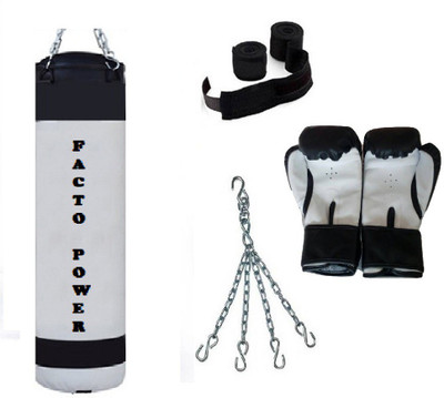 

FACTO POWER 4.5 Feet Long, P.U Material, WHITE and BLACK Color, Unfilled with Hanging Chain with 9 Feet Long Black Color Hand Wraps Pair & Boxing Gloves Pair Boxing Kit