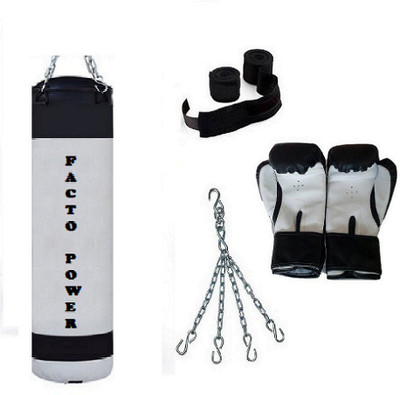 

FACTO POWER 1.5 Feet Long, P.U Material, WHITE and BLACK Color, Unfilled with Hanging Chain with 9 Feet Long Black Color Hand Wraps Pair & Boxing Gloves Pair Boxing Kit