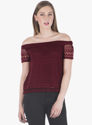 FABALLEY Casual Short Sleeve Solid Women Red Top