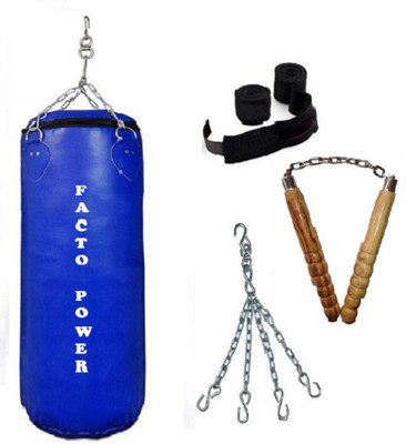 

FACTO POWER 4.0 Feet Long, P.U Material, Blue Color, Unfilled with Hanging Chain with 9 Feet Long Black Color Hand Wraps Pair & Wooden Handle Non Chaku Boxing Kit