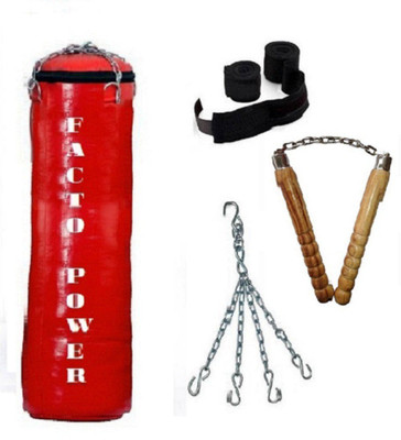 

FACTO POWER 4.5 Feet Long, SRF - ECONOMIC Material, Red Color, Unfilled with Hanging Chain with 9 Feet Long Black Color Hand Wraps Pair & Wooden Handle Non Chaku Boxing Kit