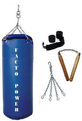 

Facto Power 6.0 Feet Long, SRF - HEAVY Material, Blue Color, Unfilled with Hanging Chain with 9 Feet Long Black Color Hand Wraps Pair & Wooden Handle Non Chaku Boxing Kit